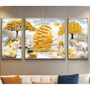 Tranh tráng gương - tranh treo tường thuận buồm xuôi giótông màu vàng kim sang trọngmay mắn hợp phong thuỷ cho gia chủ