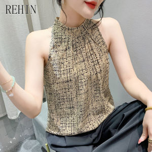 REHIN Summer new fashion floral printed sleeveless with cutaway shoulders versatile Slim fit high neck trendy womens top