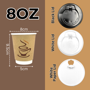 50PCS 8oz/12oz Double Wall Kraft Paper Cup with Printed Coffee Logo with Flip Lid with stirrer