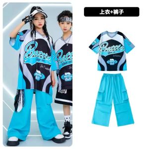 Kid Hip Hop Clothing Blue Sleeveless Jacket Vest Top Casual Pockets Ruched Cargo Pants for Girl Boy Jazz Dance Costume Clothes2026