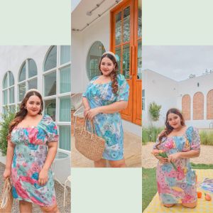 เดรสสั้นสาวอวบพิมพ์ลายดีไซน์น่ารักทรงคอเหลี่ยมด้านหน้า ด้านหลังดึงยางตรงไหล่แขนตุ๊กตา แบรน Moment lady by You