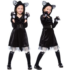 3pcs Kids Girls Black Cute Cat Animal Cosplay Halloween Dress up Costume+Gloves