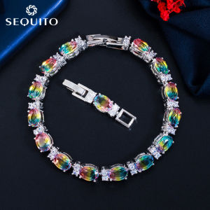 SEQUITO Womens Fashion Rainbow Mystic Bangle Jewelry Pave CZ Setting White Gold Plated Oval Charm Bracelet B087