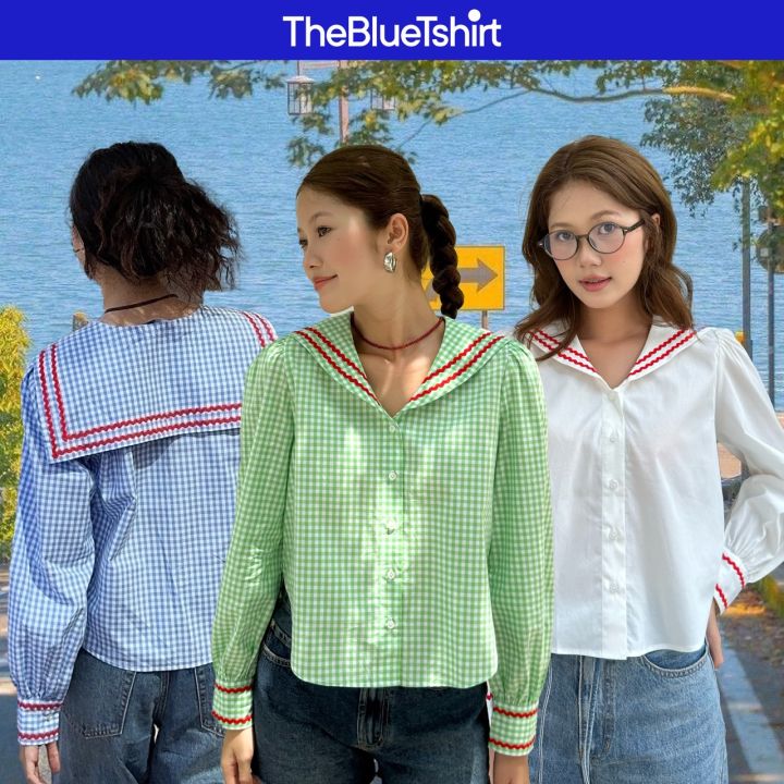 TheBlueTshirt - Áo kiểu kẻ sọc caro cổ thuỷ thủ viền ren zigzag cho nữ ...