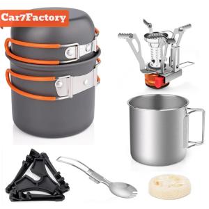 Camping Cookware Kit with Mini Stove Camping Cookware Mess Kit with Cup Fork Camping Pot and Pan Set for Outdoor Cooking