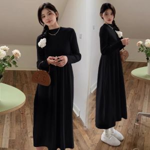 AN-5044 Korean Fashion Maxi Dress For Women Plain Casual Knitted Dress Long Sleeve High Neck Retro Elegant Long Dresses High Quality