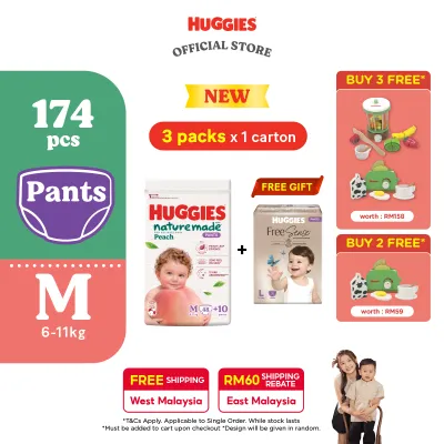 [Cherish 30.09 - 02.10] Huggies Naturemade Peach Pants M58 (3 Packs) FOC Huggies Free Sense Pants Diapers L32