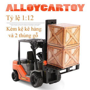 Đồ chơi mô hình xe nâng hàng chaỵ đà tỷ lệ 1:12 kèm kệ kê hàng 2 thùng và công nhân