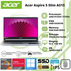 Laptop Gaming Design Acer Aspire 5 A515-45-R958 [RYZEN 7 5700U 8GB 512SSD AMD RADEON 15.6 FHD IPS BACKLIT FINGERPRINT WINDOWS 11 + OFFICE 365] - Pure Silver