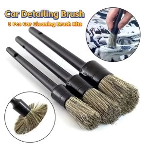 3 Pcs Natural Boar Hair Car Cleaning Brush Kit Soft Bristle Auto Tire Wheel Wash Detailing Brush