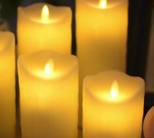 (In stock) USB Rechargeable Flameless Electric Candle Lamp Dripped Paraffin Wax Dancing Moving Wick Home Party Bar Pillar Candles with Remo