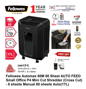 Fellowes Automax 80M 80 Sheet AUTO FEED Small Office P4 Mini Cut Shredder (Micro Cut) 4 x 12 mm - 8 sheets Manual 80 sheets Auto(17L) - (Cross Cut Paper Shredder Shredder Machine Office Shredder  Heavy Duty Shredder Mesin Penghancur Kertas)