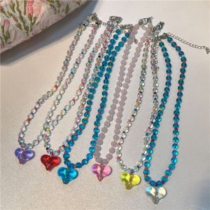 SELENAAL Princess Transparent Love Heart Necklace Korean Style Beaded Y2K Choker Retro Letter Clavicle Chain Girls Gift