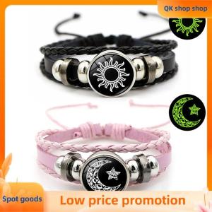 ✨QK shop✨ 2Pcs Luminous Couple Bracelets Sun Moon Adjustable Black Braided Bracelet Friendship Fashion Romantic Jewelry Birthday Gifts