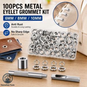 100PCS Metal Eyelet Grommet Kit Set with Punch Tool Anti Rust No Sharp Edge for Canvas Bag and Shoes
