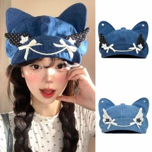 WAPKTY Vành mũ mềm Mũ Beret Tai Mèo Denim Chấm bi Đôi cánh thiên thần Mũ hình bát giác Có thể điều chỉnh Mũ lưỡi trai vải denim Y2K