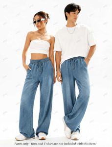 EE..New Men Casual Wide Leg Full Length Pants with Elastic Waist and Plain Design