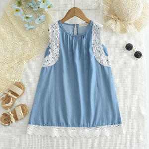 Bear Leader Lace Sleeveless Dresses for Kids Clothing Girls Summer O-neck Casual Blue Dress 3 to 7 Years Baby Childrens Clothes