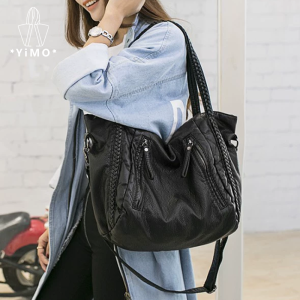 Yimo 2025 Korean Version Womens Bag Washed Leather Shoulder Bag Soft Leather Large Bag Mommy Bag Crossbody Bag