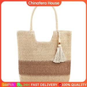 Summer Straw Woven Bag Contrast Color with Tassels Beach Vacation Bags Large-Capacity Handmade Fashion Casual Simple for Seaside Holiday