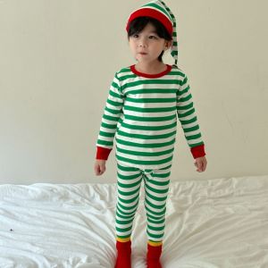 BKIJJ ชุดชั้นในเก็บความร้อน เซ็ตชุดนอนเด็ก แถบลายทาง ผ้าฝ้ายแท้แท้ ชุดนอนคริสมาสต์ ฤดูหนาวฤดูใบไม้ร่วงฤดูหนาว สะดวกสบายสบายๆ ชุดนอนสำหรับเด็ก