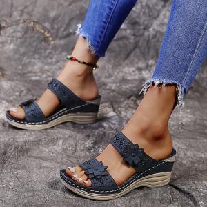 SHUNAICHI Foreign trade new large size summer retro casual flower high heel one-character womens wedge heel slippers cross-border