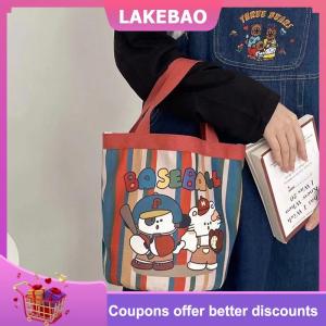 【LAKEBAO】 Bình thường vải xô Túi tote phụ nữ túi xách phim hoạt hình in ăn trưa Túi shopper túi trường Túi