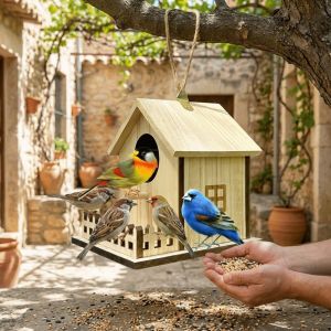 OUTOPEN Bird Cage Wood Bird House Parrot Mating Box Hanging Bird Breeding Box Safe Nesting Space Fence Perch Platform Incubation Box Outdoor Use