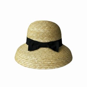 XUANY Grosgrain Ribbon Trim Wheat Straw Cloche Breathable High-Density Weave French Style Sun Hat Ribbon Bow Beach Hat Eco-Friendly Material Round Top Straw Topper Seaside Vacation