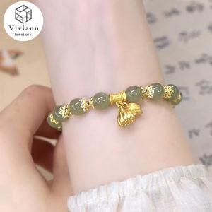 Viviann Original Design Hetian Jade Lotus Flower Charm Bracelet Handmade Pendant Bracelet Beads Bracelets Lotus Mala Healing Prayer Bracelet for Women Jewelry Gift Bangle Tennis Bracelets For Women
