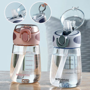 Kids Straw Water Cup 400ml Portable Drinking Cup Leak-proof Plastic Water Bottle