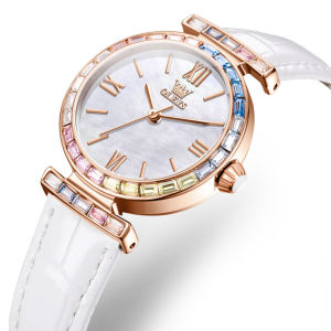 OLEVS 9007 Quartz Fashion Women Watch Gift Round-dial Leather Watchband Wristwatch