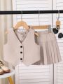 janine Best Seller Casual Sleeveless Vest  and Pleated Skirt  for Girl  Teen-ager Tween Set Terno. 