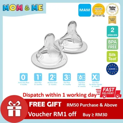 Original MAM Silk Teats Nipples Puting Size 1 2 3 4 Extra Slow 0m Slow 0m+ Medium 2m+ Fast 4m+ Non Spill 4m+ X Cut 6m+ Flow 2 pcs