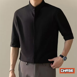 Shirt Men 7/4 Sleeve Korean Style Fashion Stand-up Collar Formal Ice Silk Top Smart Casual Wear Kemeja Lelaki Plain Slim Fit Trend Button Up Baju Lelaki