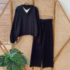 F&R Oneset Rahima Sweater Rajut Kerah V-Neck Setelan Celana Kulot Premium Wanita Lengan Panjang Kekinian