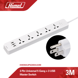 Himel Extension Cord 5gang universal with ground+3 USB master switch 2m/3m