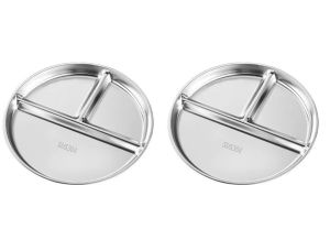 2pcs Unbreakable SUS304 Stainless Steel 3 Compartment Round Divided Plate Reusable Portion Control Weight Loss Food Tray