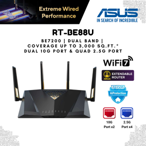 ASUS RT-BE88U Dual-band WiFi 7 AiMesh Extendable Performance Router - Coverage up to 3000 sq.ft* Dual 10G ports SFP+ Four 2.5G ports Four 1G ports 34G WAN/LAN capacity Subscription-free network security VPNs