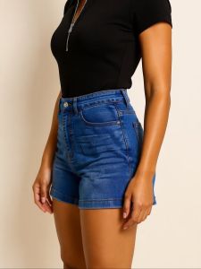 Elegant High-Waisted Denim Shorts with Elasticated Waist and Button Closure