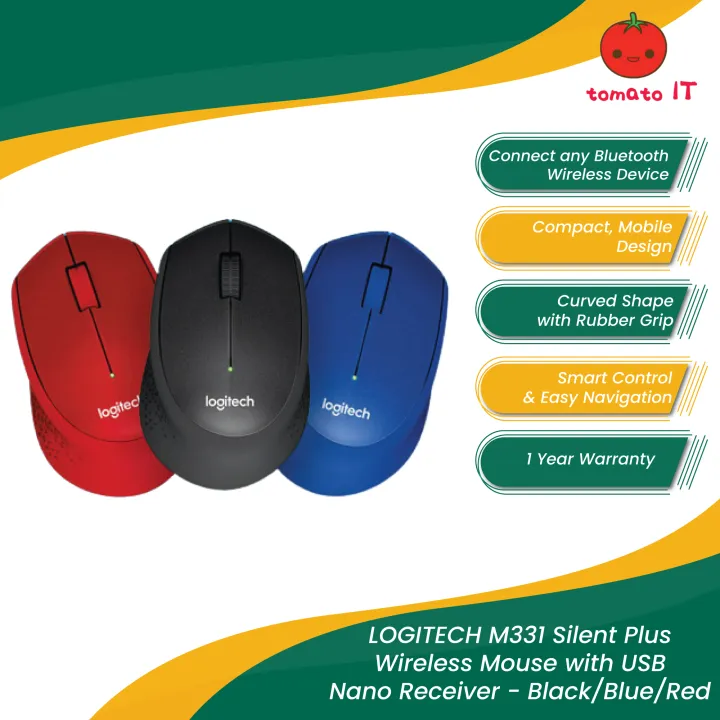 Logitech M331 Silent Plus Wireless Mouse with USB Nano Receiver - Black/Blue/Red