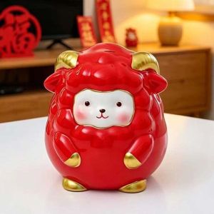 WARM Guochao Style Red Ceramic Sheep Bank Golden Accent Porcelain Material Lamb Saving Pot Lunar Coin Box Vibrant Color Zodiac Money Bank Spring Celebrations