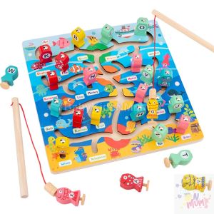 (Minor Defect) Wooden Fishing Alphabet Maze Board Color Sorting Match Puzzle Learning Toys Early Educational for Kids