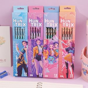 12pcs/box Kpop Demon Hunters Cartoon Student Pencil Kindergarten Writing Wooden Pencil Eraser Stationery Set
