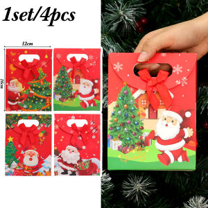 4Pcs Merry Christmas Flipped Bow Kraft Paper Gift Box Children Kids Packaging for Candy Sweets Storage Party Favor Christmas Decoration