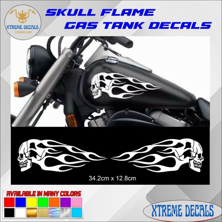 2Pcs Universal Motorcycle Gas Fuel Oil Tank Skull Flame sticker waterproof