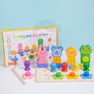 Oldlaiben Montessori Wooden Fishing Toy 3in1 Baby Toys Matching Sorting Stacking Early Education Mainan Kanak-Kanak