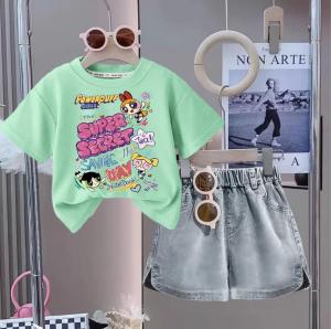 WD STORE-FASHION ANAK-ANAK PAKAIAN ANAK PAKAIAN ANAK PEREMPUAN SETELAN BAJU ANAK PEREMPUAN TERBARU USIA 1-5 TAHUN CANTIK LUCU DAN ELEGANT DENGAN KAOS MOTIF POWER PUFF GIRLS DAN CELANA DENIM JEANS PENDEK FULL KARET ANTI BEGAH