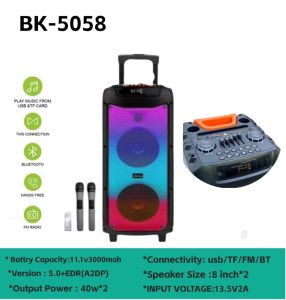 BK-5058 Karaoke Wireless Portable Bluetooth Speaker Bass Treble PA System LED Lights Party DJ subwoofer speaker with 2 pc wireless mic