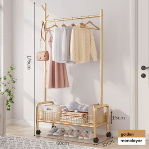 Strong Steel Structure Laundry Rack Single Pole Double Layer With Wheel (Lockable) Cloth Clothes Rack Hanging Organizer